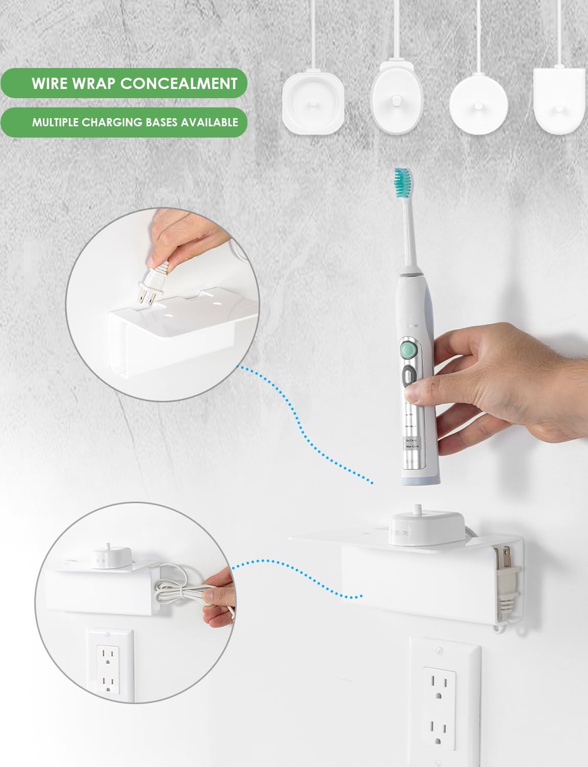 Acrylic Electric Toothbrush Holder for Bathroom, Wall Mounted Electric Toothbrush Holder with Hidden Cable Management, Space-Saving and Convenient for Charging -White-2P