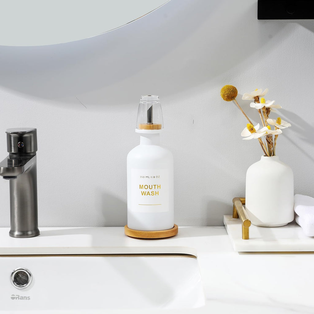 11.8OZ Mouthwash Dispenser for Bathroom with Bamboo & Stainless Steel Pour Spout, Mouthwash Cup Reusable, Bamboo Tray, and Elegant Gold Label. （White