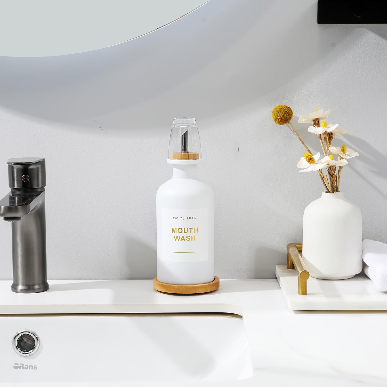 11.8OZ Mouthwash Dispenser for Bathroom with Bamboo & Stainless Steel Pour Spout, Mouthwash Cup Reusable, Bamboo Tray, and Elegant Gold Label. （White