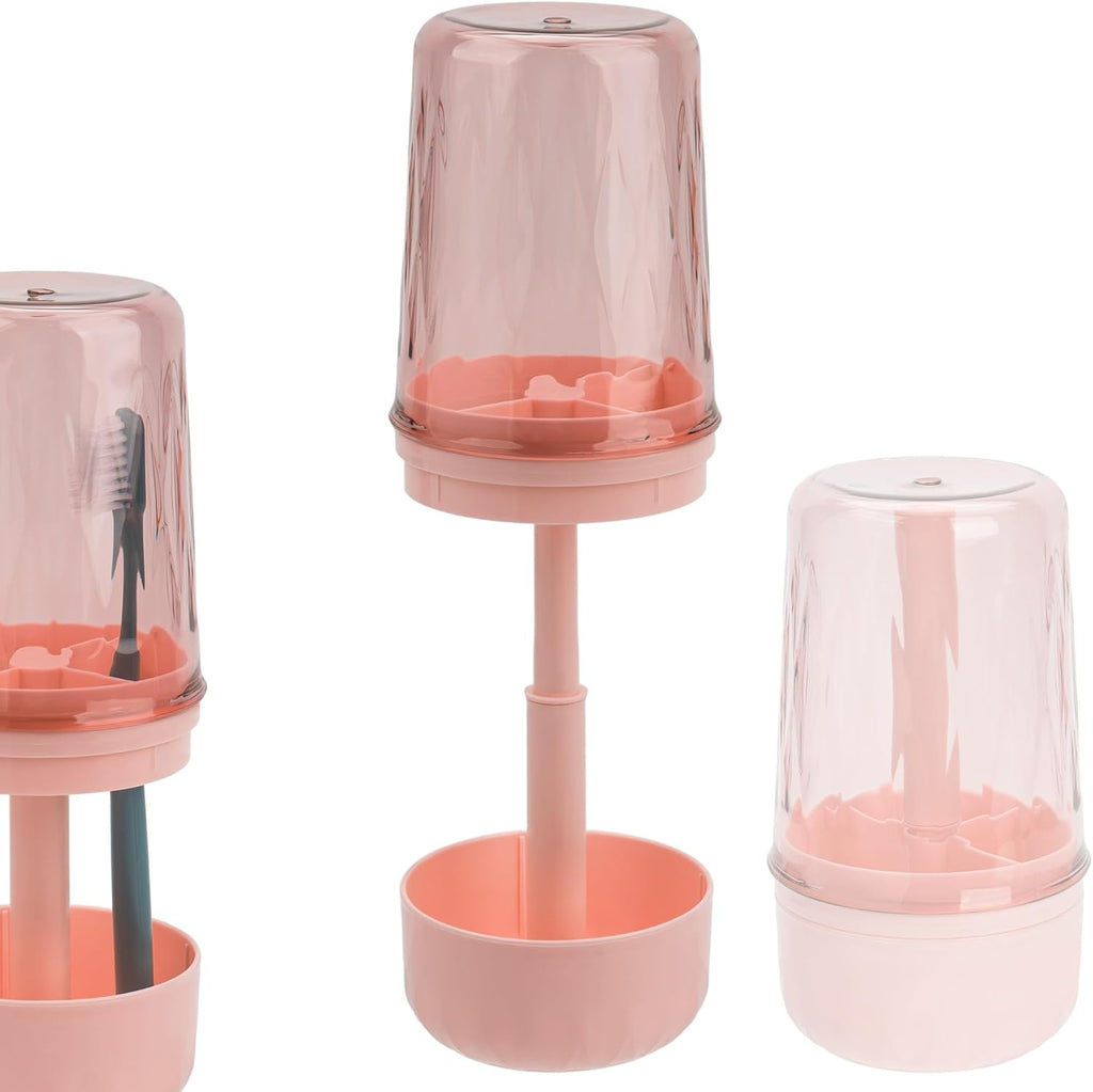 Toothbrush Holder Stand with Cup/Cover, Adjustable Height Toothbrush Organizer with 3 Slots, Portable for Bathroom, Travel, Camping (Pink)