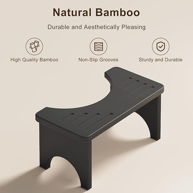 Set of 2 Foldable Toilet Stool, 7 Inch Poop Squatting Stool for Adults, Potty Bathroom Stool Portable for Travel, Bamboo Wood Toilet Stools for Pooping, Black