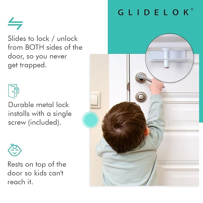 3 Pack – GlideLok Child Safety Door Top Lock | Access Lock from Either Side of The Door | for Interior & Exterior Doors | Metal Child Proof Door Lock (Not Plastic Like Others)
