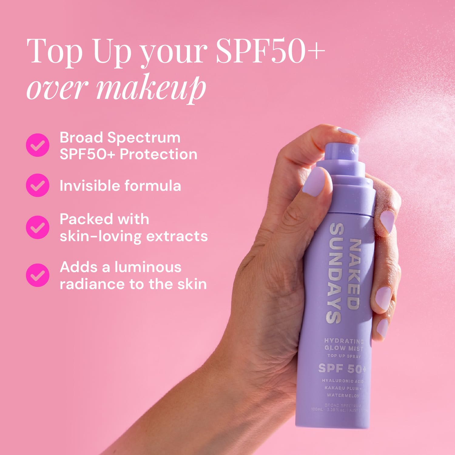 Naked Sundays SPF 50 Hydrating Glow Face Mist, Daily Facial Setting Spray & Sunscreen for Healthy Skin, Lightweight & Non-Greasy, with Hyaluronic Acid for All Skin Types, Makeup-Friendly(75ml)