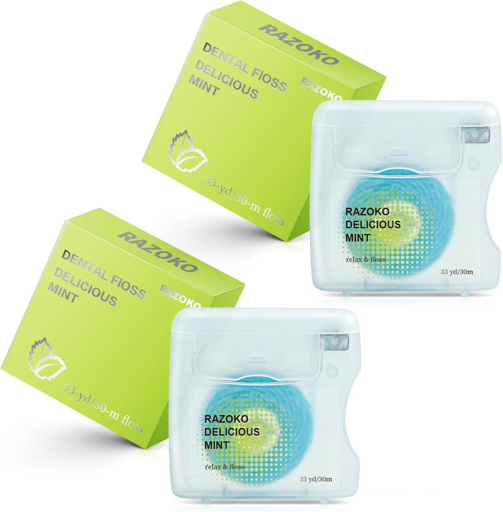 RAZOKO Coconut Oil Infused Woven Dental Floss, Vegan and Cruelty-Free, Mint Scent, 4 Month Supply(33 Yds x 2 Units)