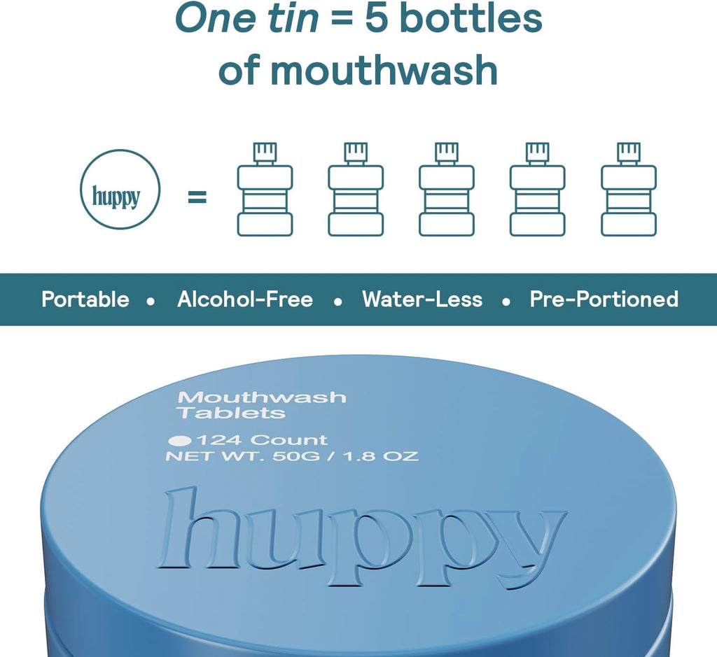 HUPPY Mouthwash Tablets with Nano Hydroxyapatite - Refreshes Breath and Remineralizes Teeth - Hydroxyapatite Tabs Perfect for Travel - Nanohydroxyapatite Mouthwash, 124ct, Cool Mint Flavor