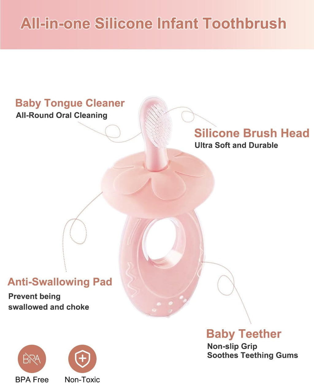 Baby Toothbrush & Teether for Infant and Toddler, Silicone Baby Oral and Tongue Cleaner, Ultra Soft Infant Training Toothbrush with Travel Case, Adjustable Safety Shield - Pink