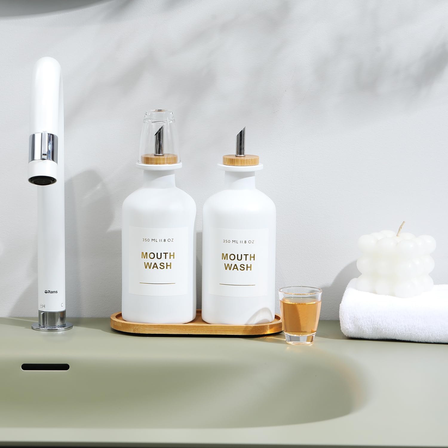 11.8OZ Mouthwash Dispenser for Bathroom with Bamboo & Stainless Steel Pour Spout, Mouthwash Cups Reusable, Bamboo Tray, and Elegant Gold Label. Set of 2（White