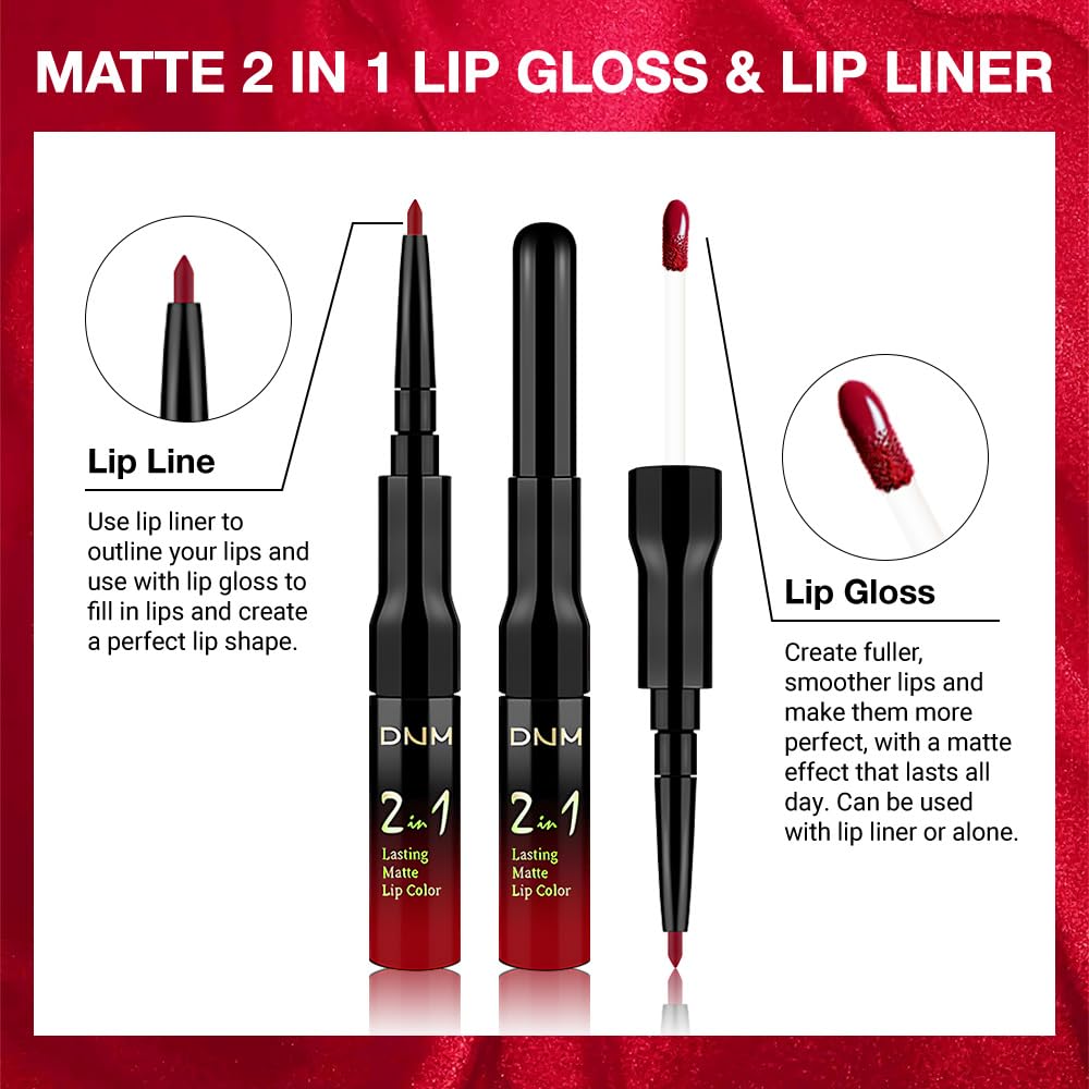 1Pcs 2 in 1 Fire Red Matte Lip Liner and Liquid Lipstick Stain Makeup Set for women, Fire Red Long Lasting Smudge Proof Lip Tint Matte Finish Lip Gloss for All-Day Color Hold Easy to Use 64#