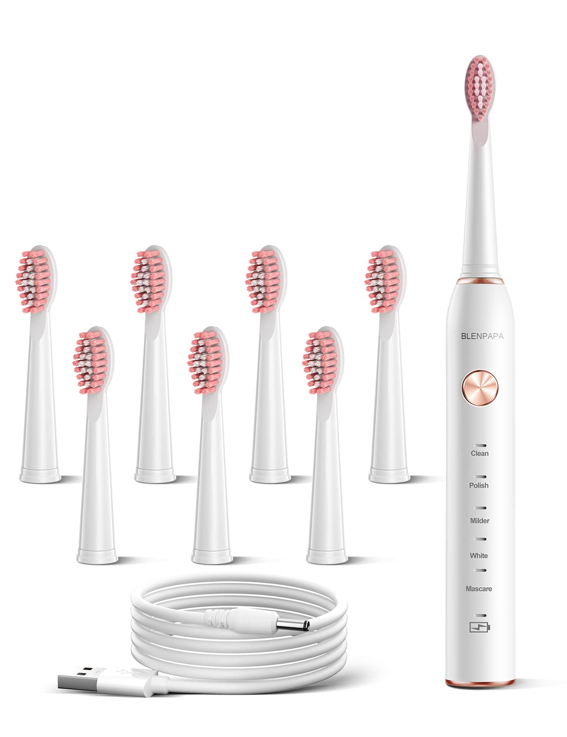 High Vibration 38000VPM Sonic Electric Toothbrush for Adults with Timer Dupont Brush Heads Ultra Whitening 5-Modes - White