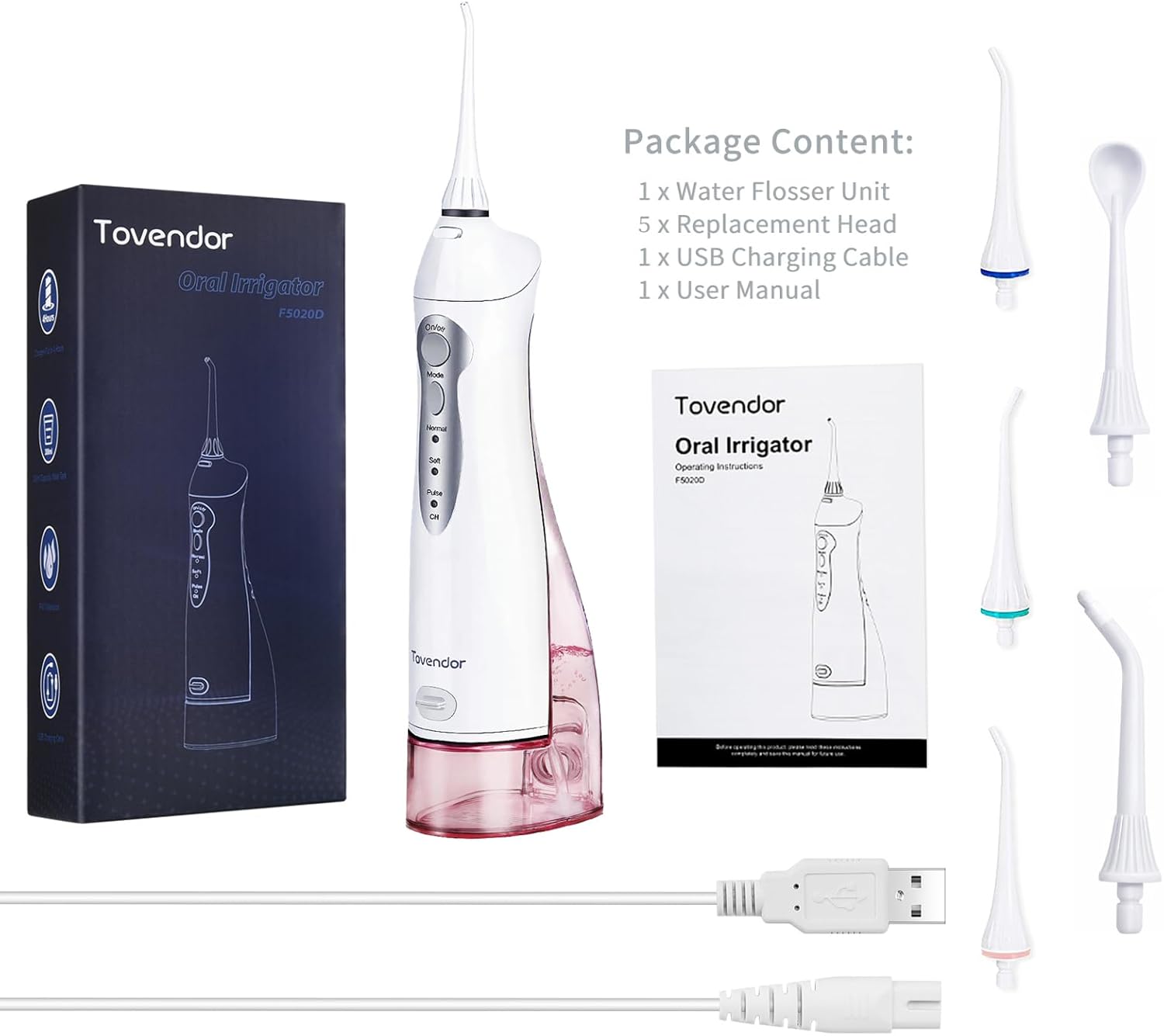 TOVENDOR Electric Water Flosser, Cordless Rechargeable Dental Oral Irrigator IPX7 Waterproof 300ML Travel Water Teeth Cleaner with 5 Tips for Braces Care Teeth Gums Cleaning, Home Office Daily Use