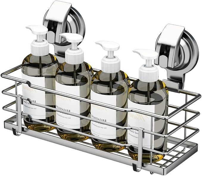 Shower Caddy, Suction Cup Shower Shelf with Hooks, Shower Organizer Rust Proof SUS304 Stainless Steel, Silver