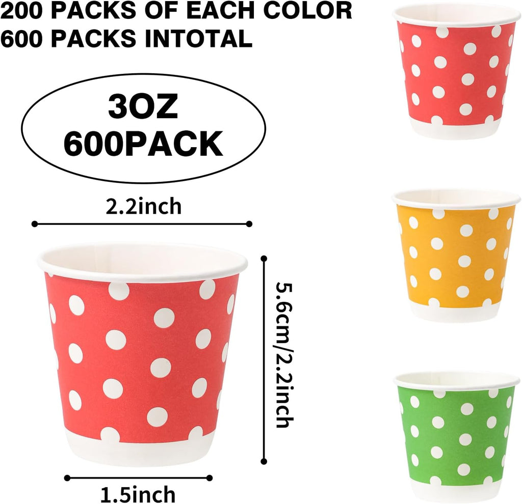 Tamone 600 Pack 3 oz Paper Cups, Small Bathroom Cups, Disposable Cups, Mini Paper Cups Dot Design, Red, Green, Yellow Mouthwash Cups for Party, Picnic, BBQ, Travel, Home and Event