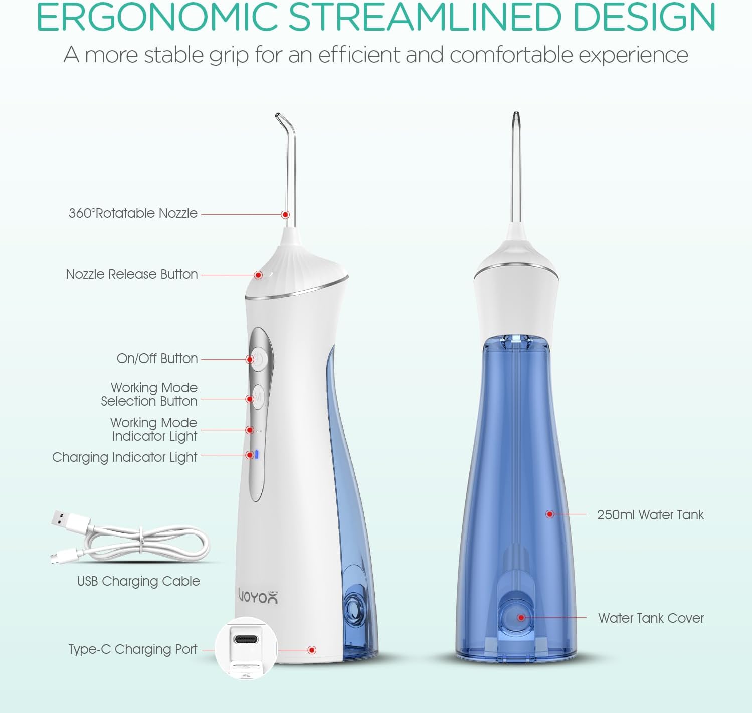 VOYOR-HEALTH Water Dental Flosser for Teeth Cordless, Rechargeable Electric Flosser for Teeth Cleaning and Flossing, Portable Oral Irrigator 3 Modes & IPX7 Waterproof for Travel Home WF400 (Blue)