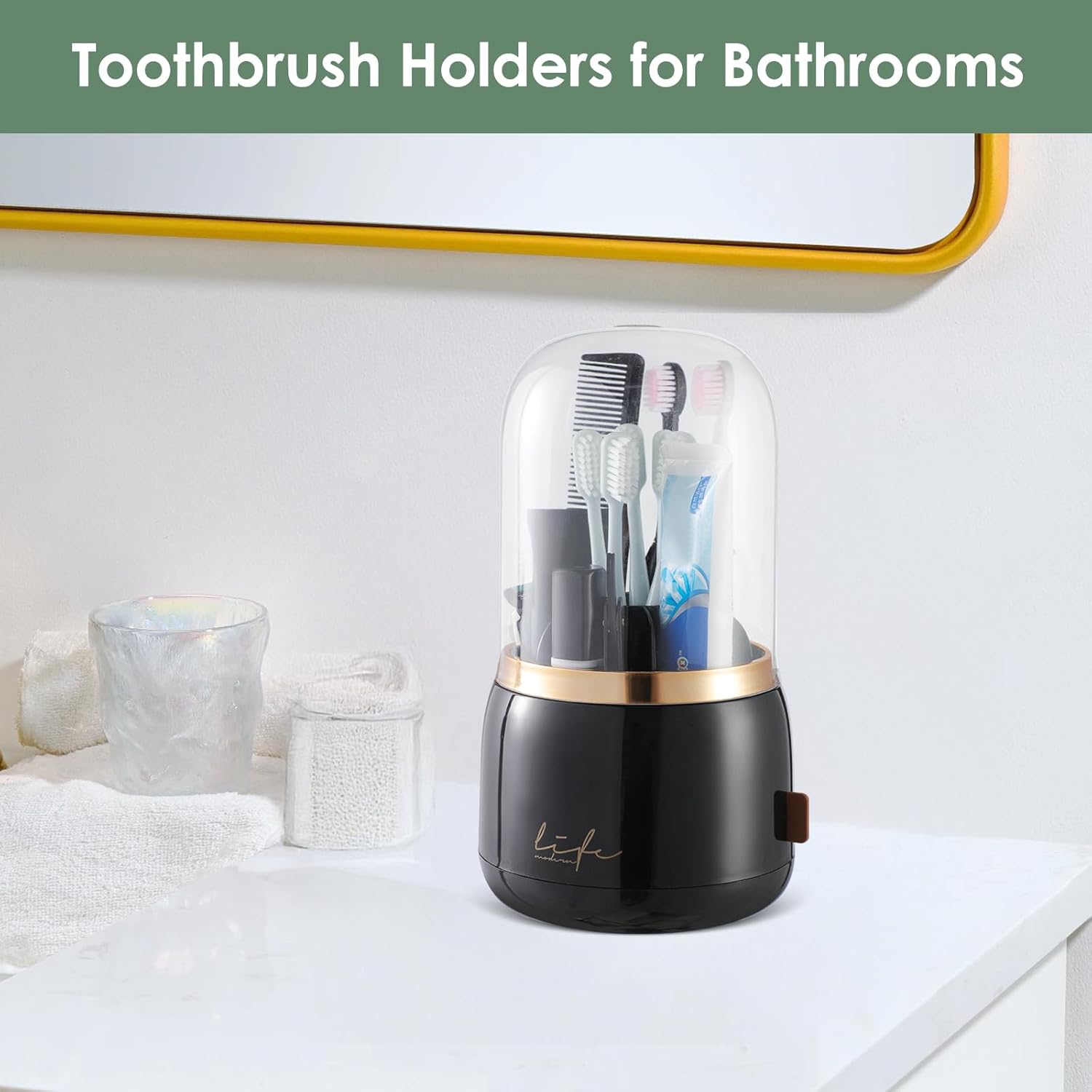 Toothbrush Holders for Bathrooms,Rotating 7-Slot with Cover and Draining Water,Kids Electric Toothbrush Holder and Toothpaste Stand Storage for Bathroom Accessories Counter Organizer Vanity