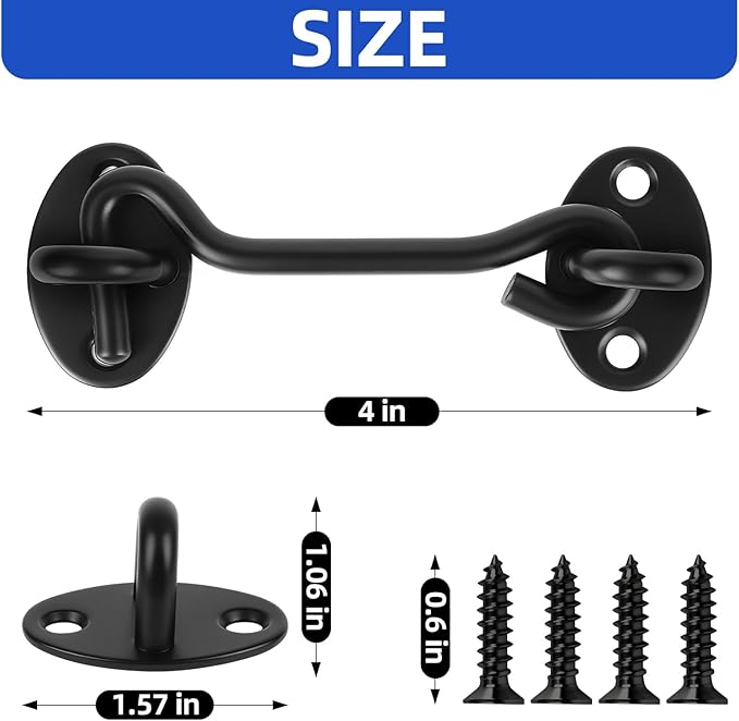 4" Black Stainless Steel Gate Latch, Barn Door Lock with Screws, Privacy Hook for Inside Door, Fence, Window, 4 PCS