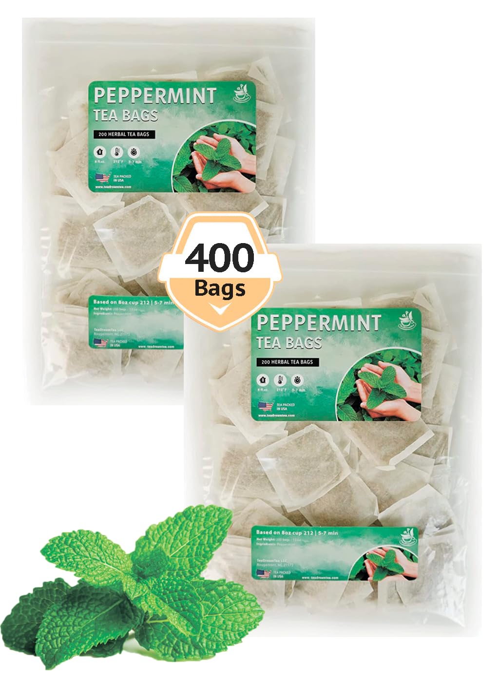 TeaDreamTea Peppermint Herbal Tea - Mint Tea Bags - Alleviates Digestive Discomfort | Caffeine Free, Bulk (400 Teabags)