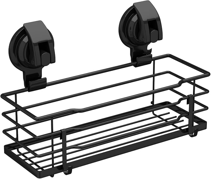 Suction Cup Shower Caddy, Shower Shelf Soap Dish with Hooks for Razor, Sponge, Rust Proof 304 Stainless Steel, Black
