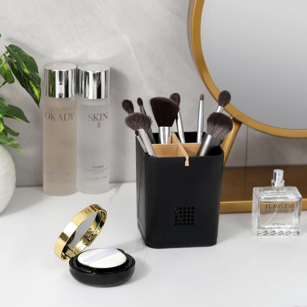 Toothbrush Holders Drainage for Bathrooms, 4 Slots Tooth Brushing Holder with Bamboo Dividers Plastic Electric Toothbrush and Toothpaste Caddy Organizer for Sink, Counter, Shower, Vanity, Black