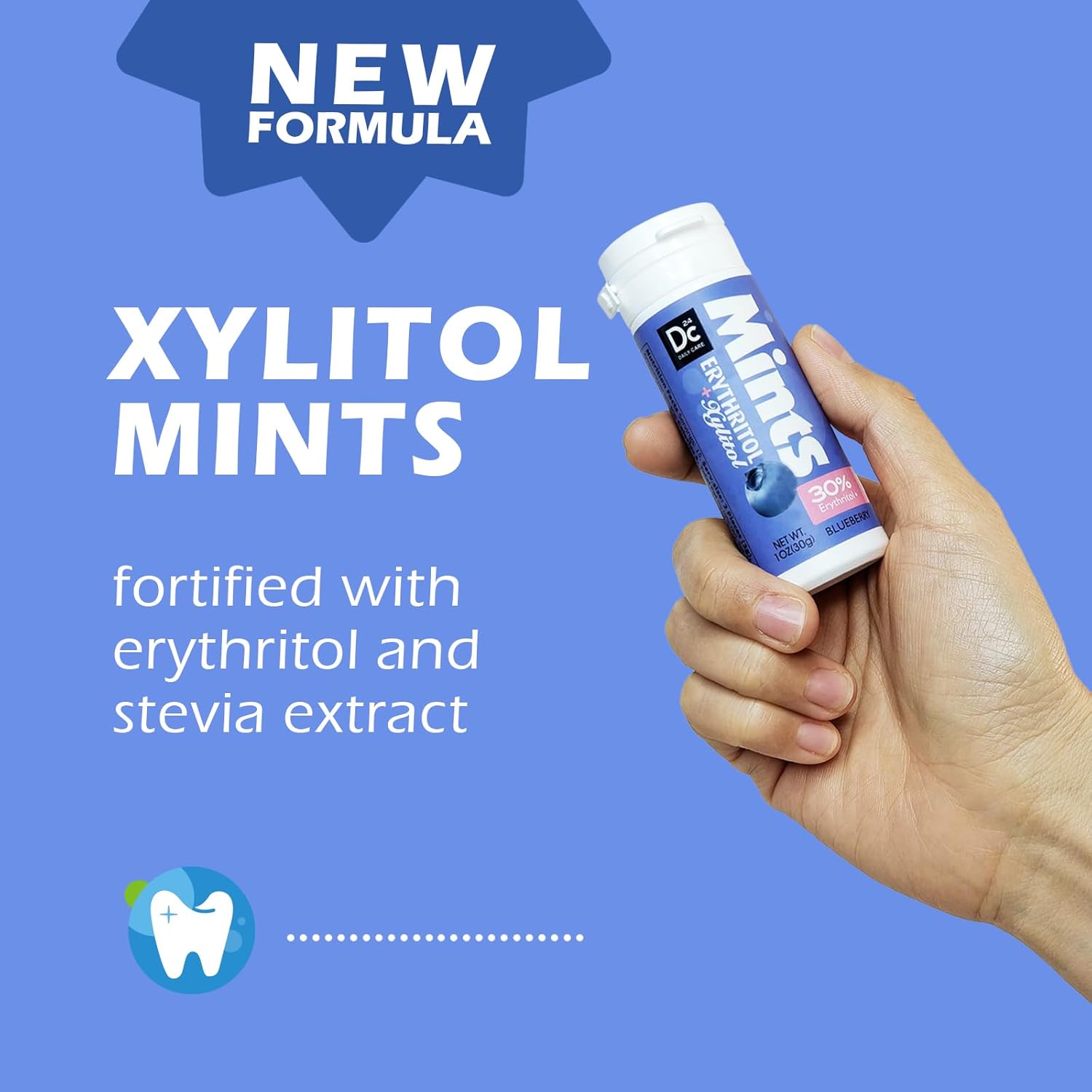 DC24 DAILY CARE Xylitol Erythritol Mints, No Aspartame Sugar Free Hard Candy, Low-Calorie, Dry Mouth Drops Keto Blueberry 30 Pieces (Pack of 4)