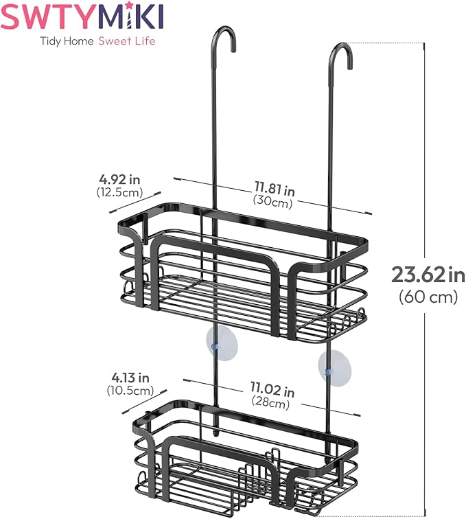 SWTYMIKI Shower Caddy Hanging Organizer - Over the Door Shower Caddy with Soap Holder, 11 Hooks, 2 Installation Ways, Stainless Steel Rustproof Bathroom Organizer, Black