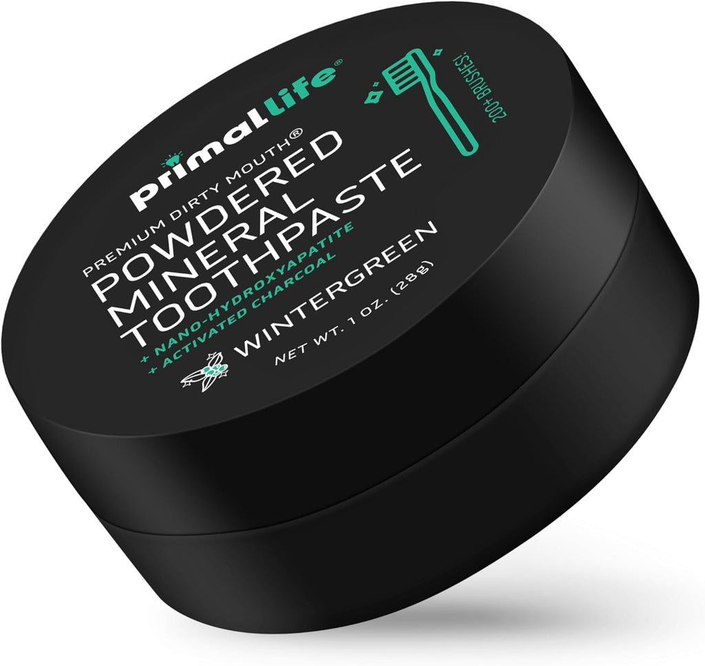 Primal Life Organics - Dirty Mouth Toothpowder, Activated Charcoal Tooth Cleaning Powder, Essential Oils Natural Kaolin & Bentonite Clay, 200+ Brushings Organic Vegan (Charcoal Wintergreen, 1 oz)