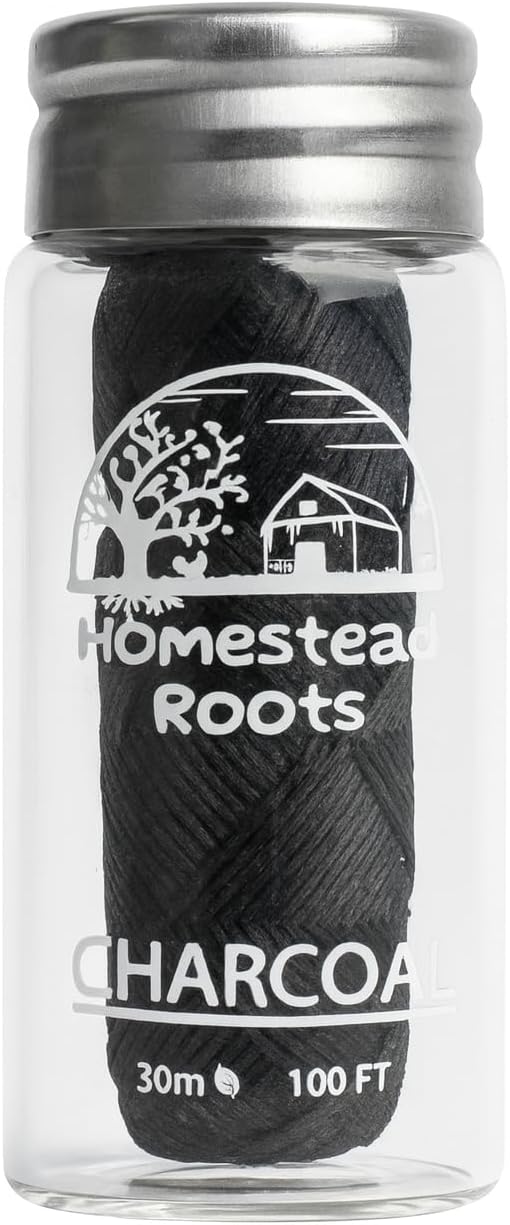 Natural Bamboo Dental Floss 4 Pack - Refillable Glass Containers (100 Feet Each) - Zero Waste, Vegan, Non Toxic, Extra-Strong Charcoal-Infused Floss