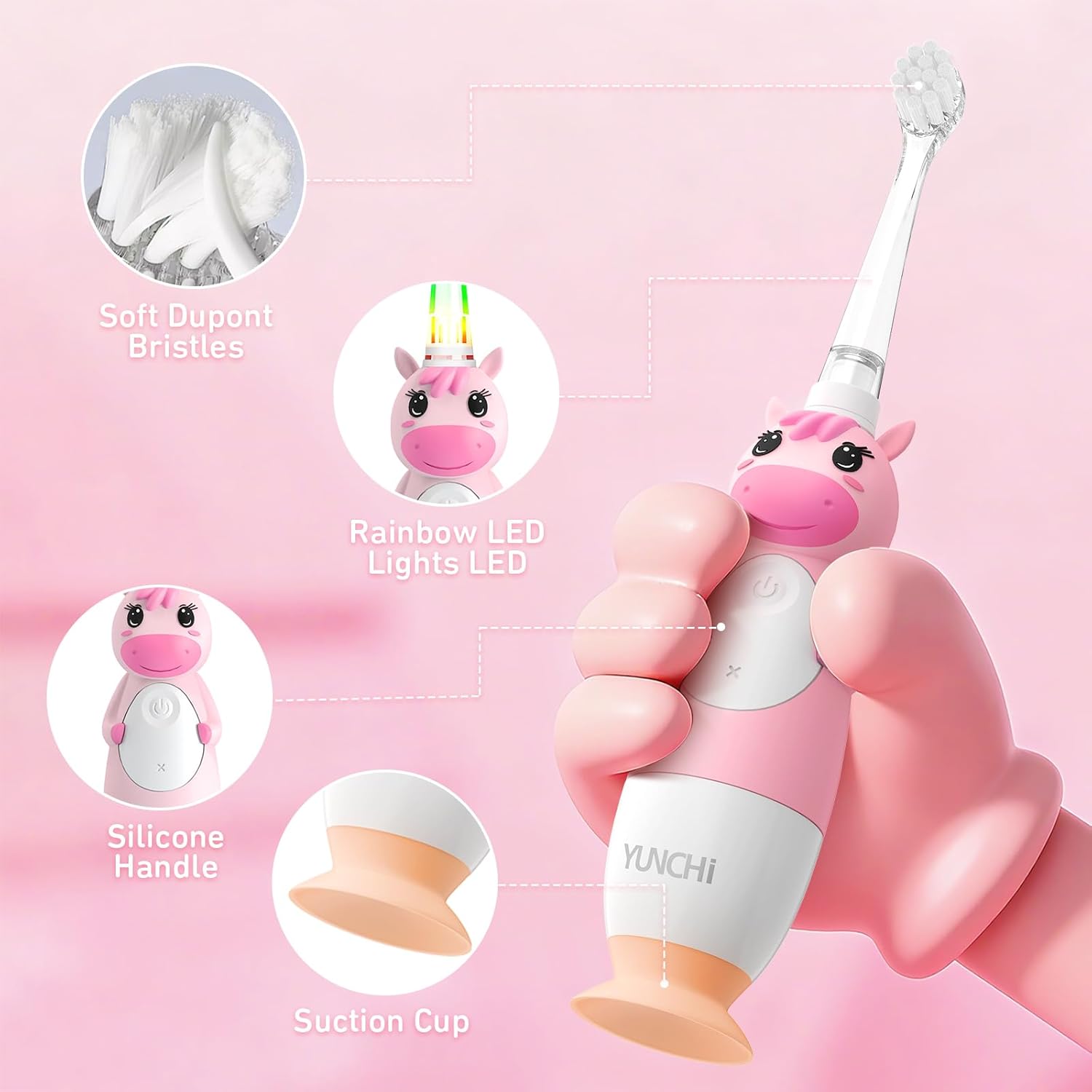 YUNCHI Toddler Electric Toothbrush Kids 0-3-6 Years, Baby Electric Toothbrush with Colorful LED Light, Battery Powered Toddler Toothbrush with 2 Minutes Timer 4 Brush Heads, Infant Toothbrush (Pink)