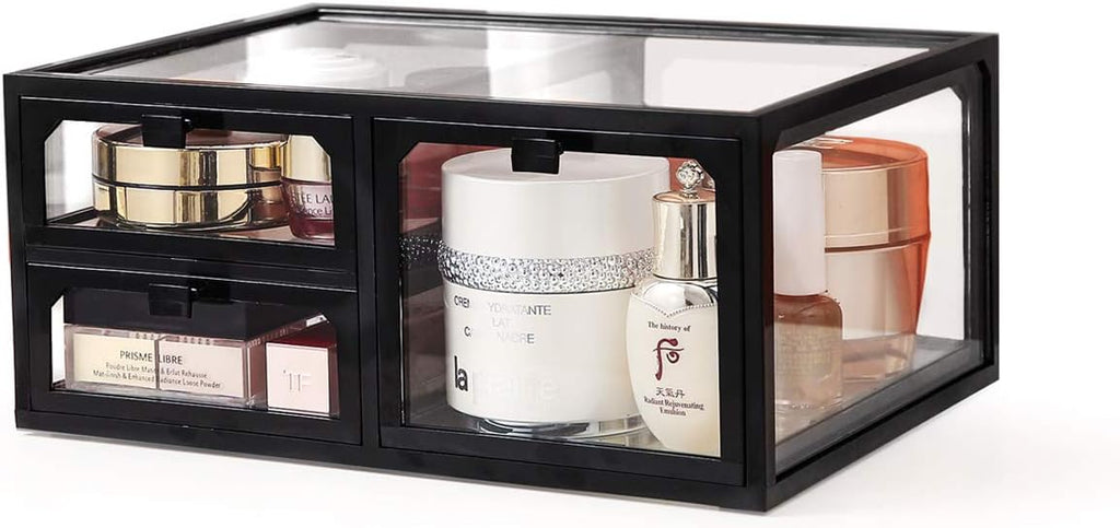 MOOCHI Black Vintage Glass Cosmetic Makeup Organizer 3 Drawers Set Dust Waterproof Cosmetics Storage Display Case Countertop for Brushes Lipsticks Jewelry