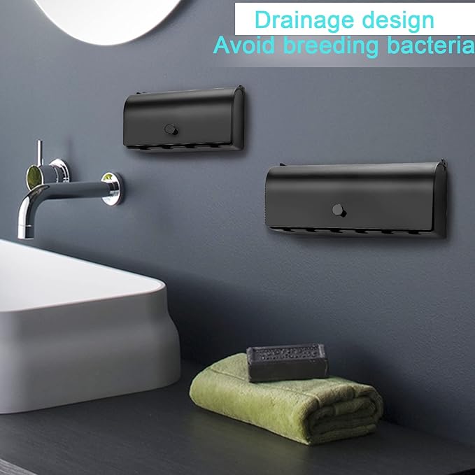 6-Slot Stainless Steel Toothbrush Holder with Cover - Wall Mounted, Dustproof, Self-Adhesive, Rustproof Bathroom Organizer for Toothbrush Storage (Black)