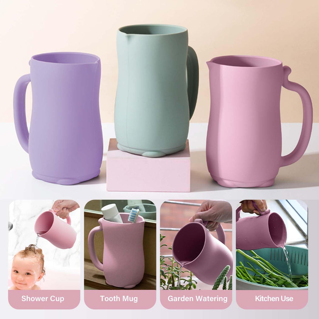 mandoo Baby Bath Rinse Cup - Food Grade Silicone - Shampoo & Body Washing Rinser Cup for Kids with Easy Grip Handle to Rinse Baby Shampoo and Soap - Baby Essentials (Mint+Brush)