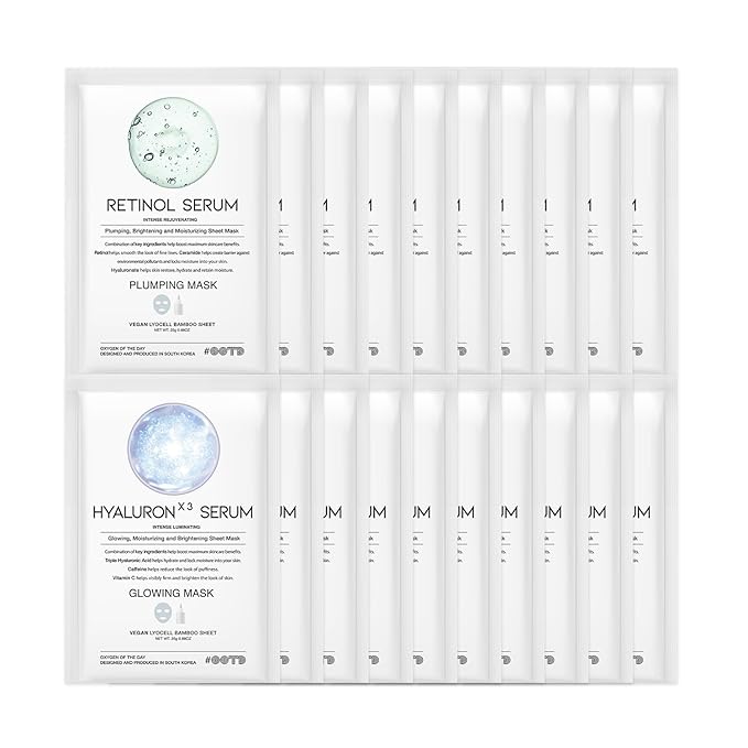 #OOTD Retinol + Hyaluron Serum Korean Sheet Mask Sheet Gift Pack [20 Count] Plumping Glowing Luminating Hydrating Rejuvenating Sheet Mask Gift Pack