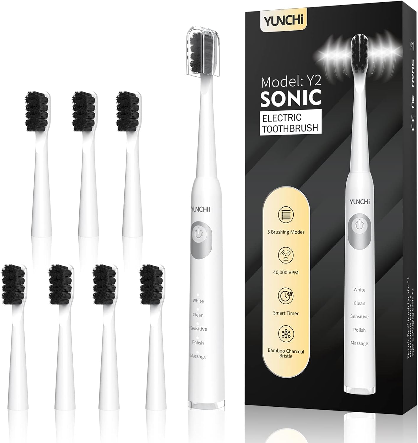 YUNCHI Sonic Electric Toothbrush for Adults & Kids with 8 Charcoal Brush Heads, Y2 Rechargeable Electric Toothbrushes, Deep Clean & Fresh Breath, 5 Modes, Fast Charge, 2 Mins Timer Tooth Brush,White