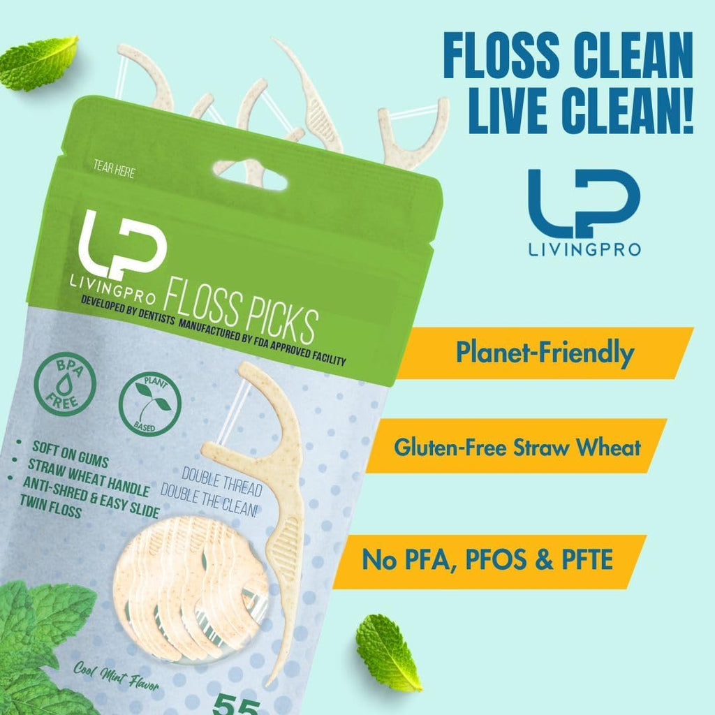 Twin Line Eco Floss Picks (220 Count) - Plant-Based Straw Wheat Floss Sticks with Travel Case | 2X More Effective Cleaning-Compostable Tooth Flossers, Thin & Shred Resistant Thread |