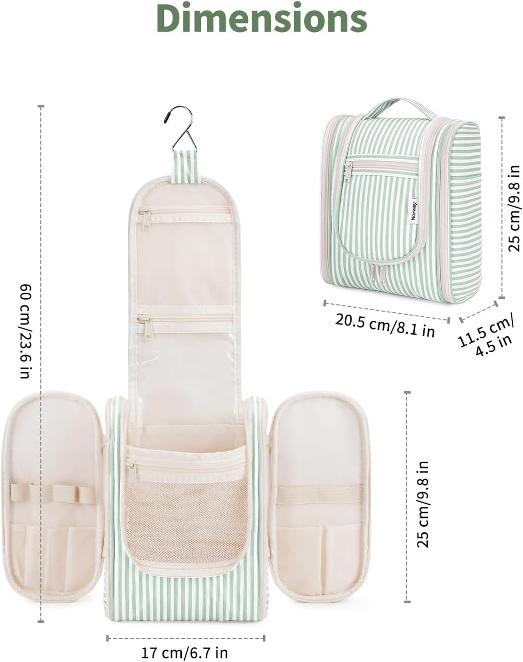 Narwey Small Striped Hanging Travel Toiletry Bag for Women, Travel Bag for Toiletries, Makeup Bag Organizer Cosmetic Bags Make Up Bags for Women (Mint Green Stripe)