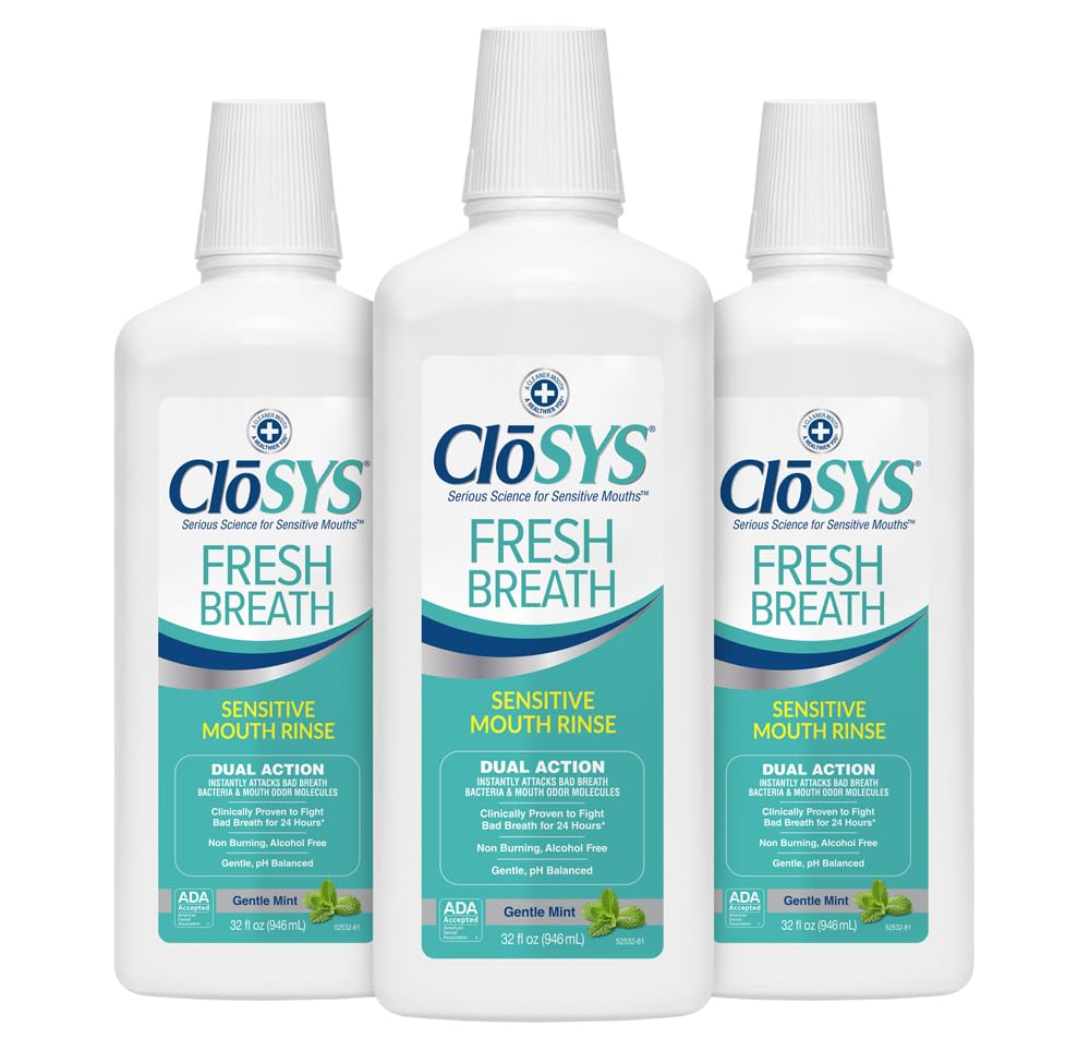 CloSYS Mouthwash, 32 Ounce, 3 Count, Fresh Breath Mouthwash, Gentle Mint, Alcohol Free, Dye Free, pH Balanced Mouth Wash, Helps Soothe Entire Mouth, Fights Bad Breath