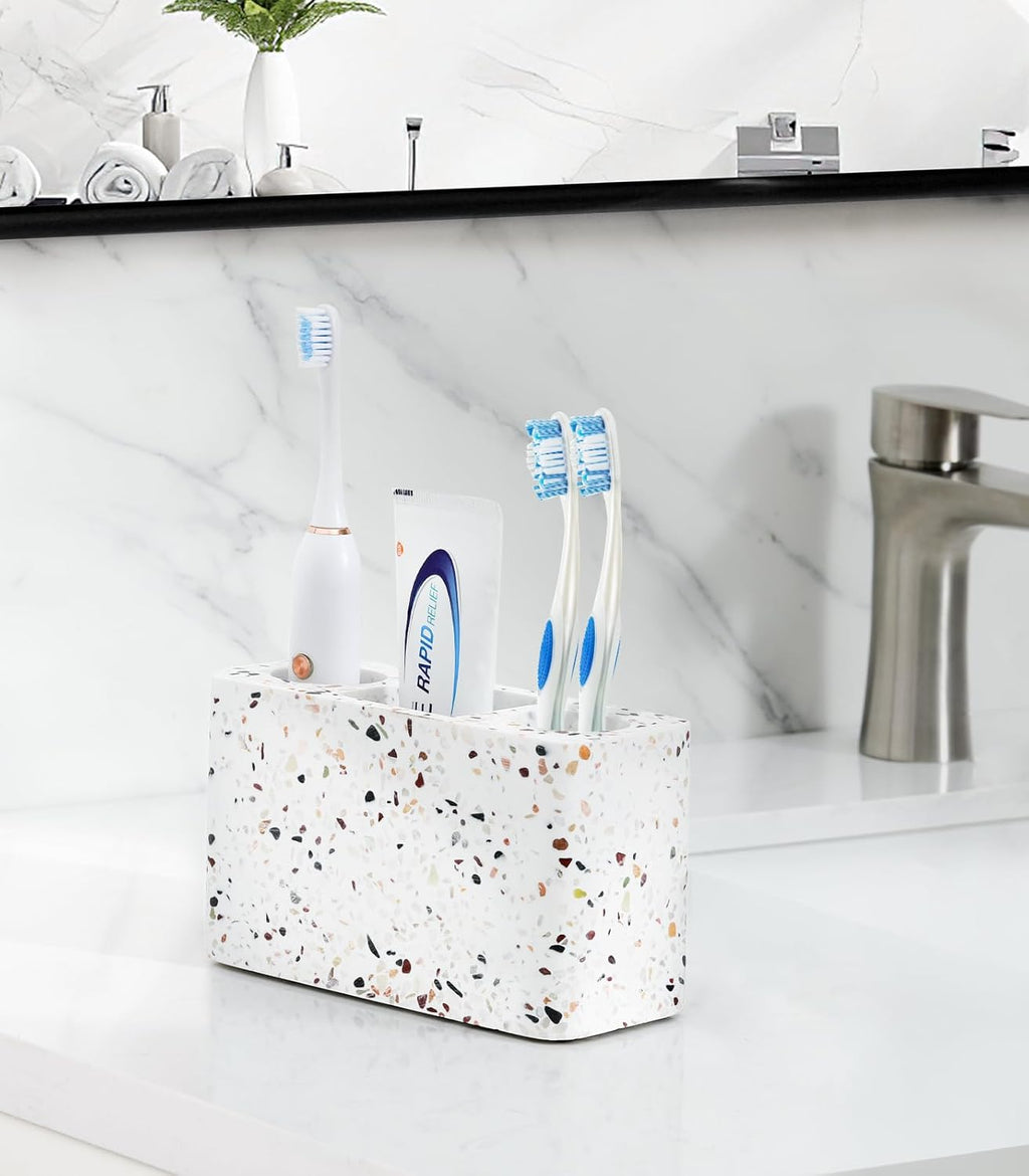 Luxspire Electric Toothbrush Holder, 3 Slots Large Toothbrush Toothpaste Stand, Resin Storage for Bathroom Accessories Vanity Counter Sink Organizer Caddy, Terrazzo