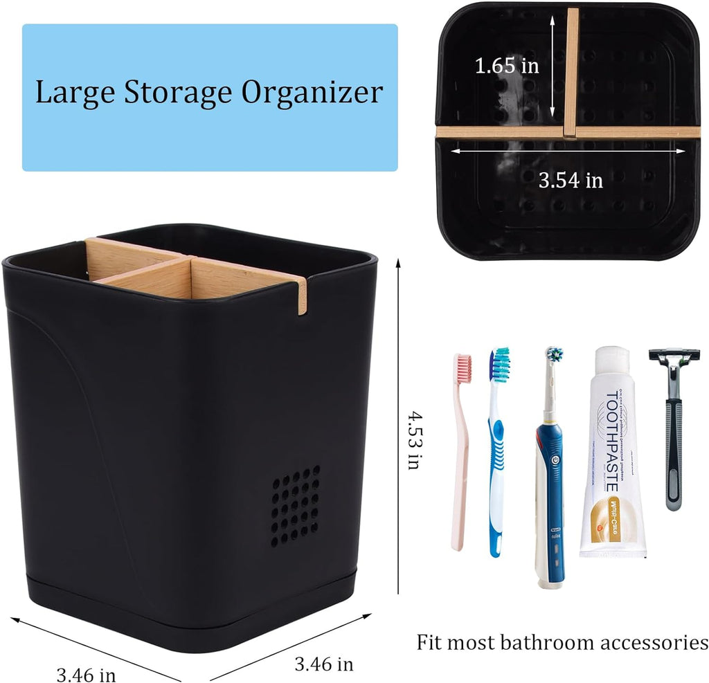 Electric Toothbrush Holder 3 Slots Tooth Brushing Holder with Bamboo Dividers for Bathrooms, Plastic Toothbrush and Toothpaste Organizer for Shower, Countertop, Vanity, Black