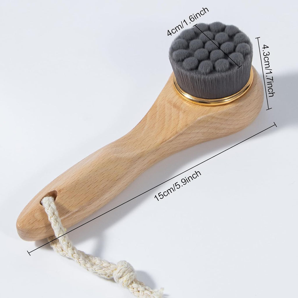 Face Scrubber with Wooden Handle, Manual Facial Cleansing Brushes for Deep Pore Cleansing, Soft Bamboo Charcoal Fiber Exfoliating Face Wash Brush and Silicone Lip Scrubber for Face Care, Black
