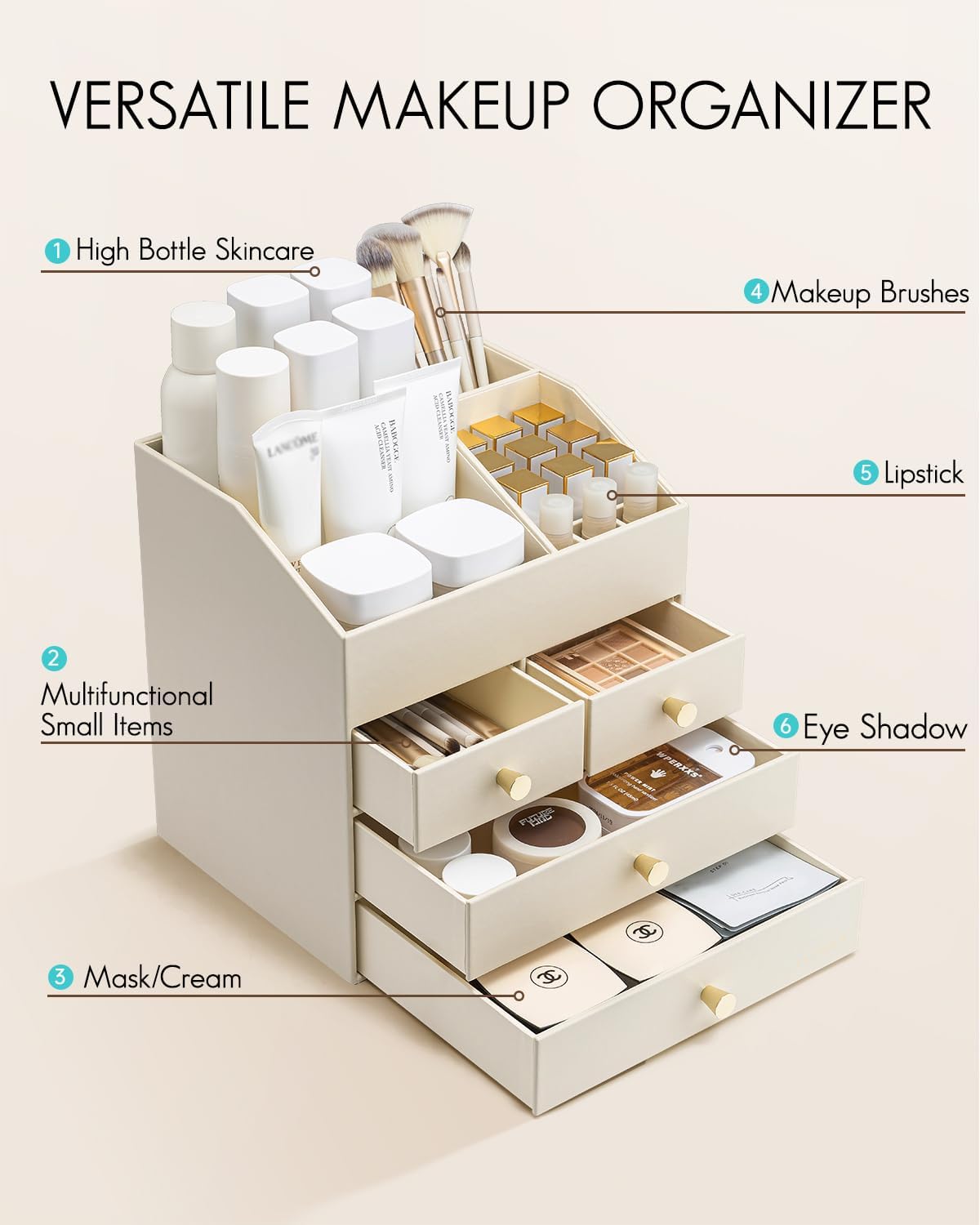 Vlando Makeup Organizer Countertop,Large Vanity Organizer PU Leather Make up Storage with 4 Drawers Perfume Organizers Cosmetic Display Case for Lipstick,Brushes,Bedroom-Beige