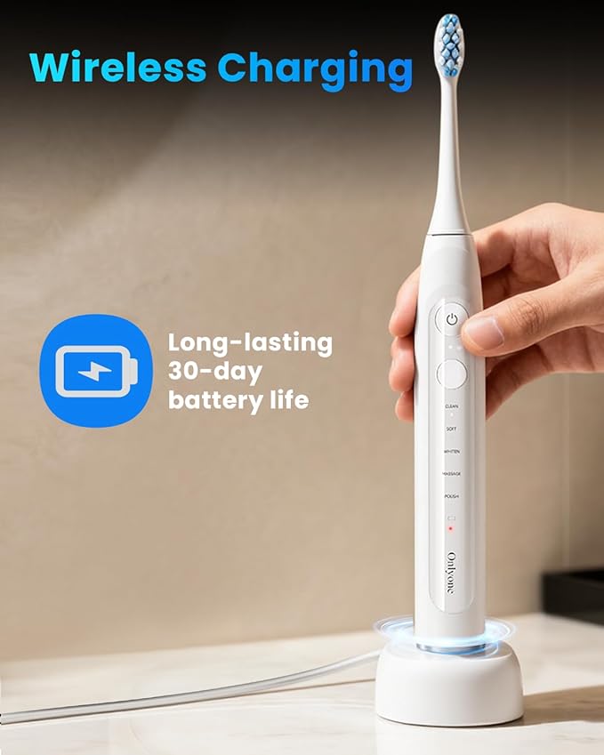 Onlyone Sonic Electric Toothbrush for Adults, Rechargeable Ultrasonic Electric Toothbrush with 8 Brush Heads, Travel Case, Charging Base & Wireless Charging - 5 Modes with Smart Timer
