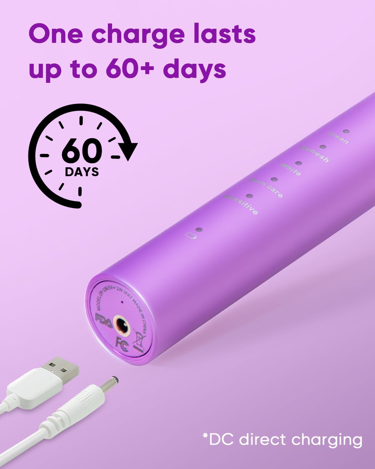 MySmile DY156 Electric Toothbrush for Adults, Rechargeable Sonic Battery Toothbrush Portable with 3 Brush Heads, 2 Mins 5 Modes Smart Timer, 45000VPM, One Charge for 60 Days - Purple