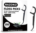RAZOKO Natural Dental Floss Picks High Toughness Charcoal Toothpicks Sticks-Vegan,Eco-Friendly Sustainable Flossers for Teeth Cleaning 100 Count