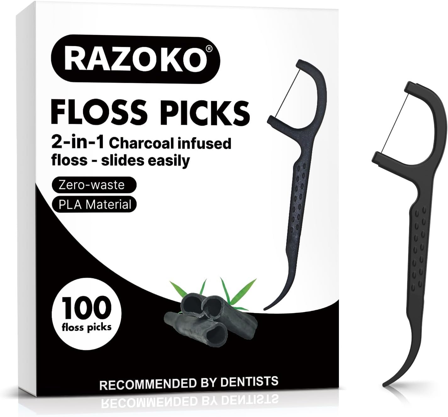 RAZOKO Natural Dental Floss Picks High Toughness Charcoal Toothpicks Sticks-Vegan,Eco-Friendly Sustainable Flossers for Teeth Cleaning 100 Count