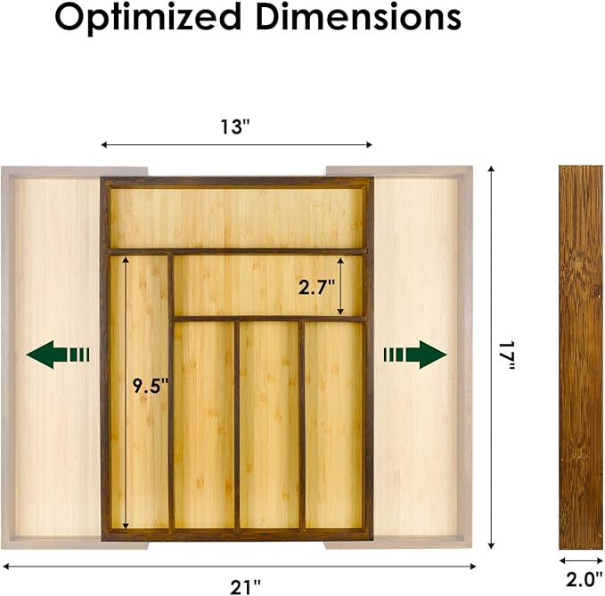 Cozee Bay Bamboo drawer organizer, utensil holder, silverware organizer, and adjustable cutlery tray with drawer dividers, for kitchen, office desk, and bathroom storage (Vintage Brown)