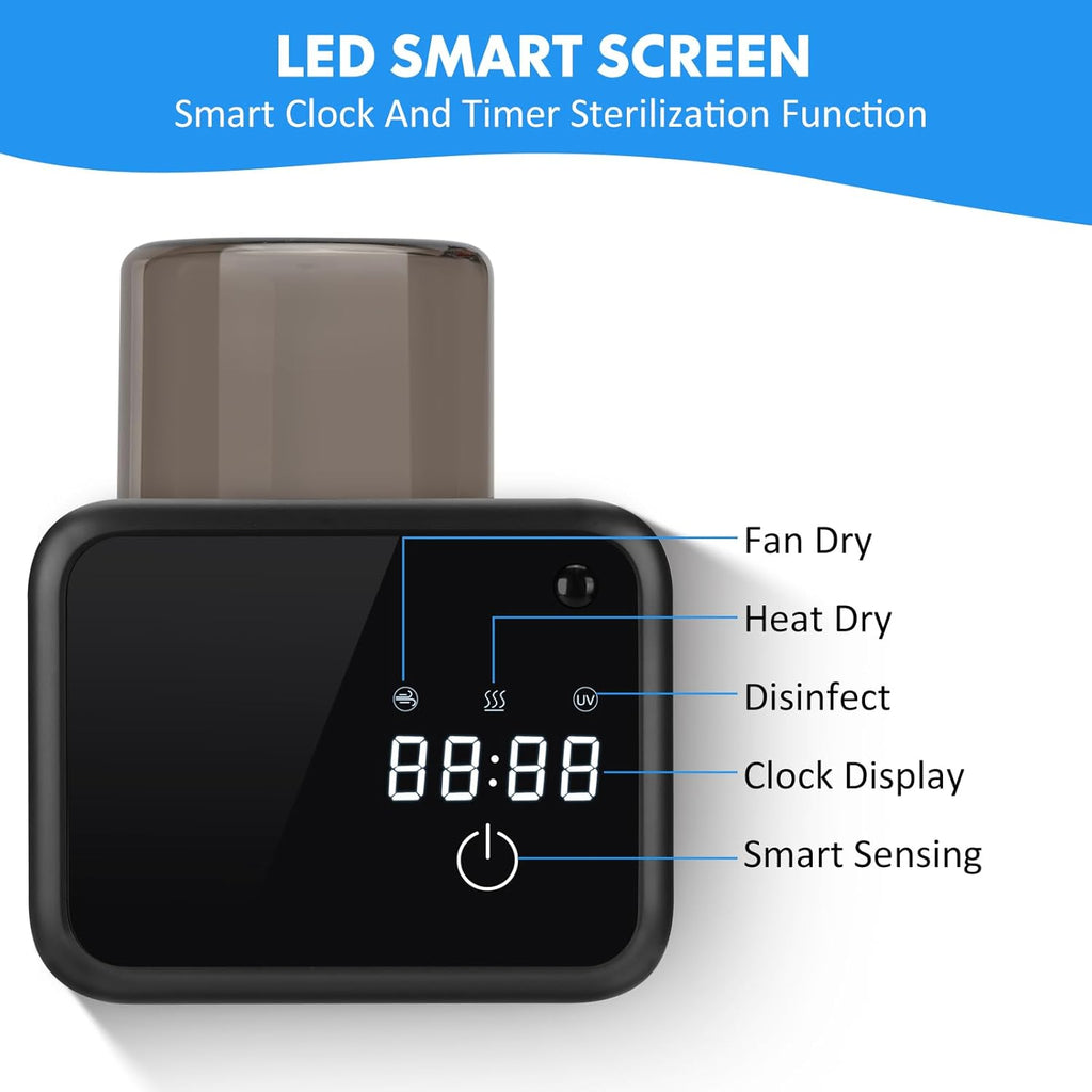 Wall Mounted Toothbrush Cleaning Holder, 2 Slots Toothbrush Cleaner with LED Screen, Timer and Cup, Smart UV Toothbrush Storage with Heating and Fan Drying for Bathroom Organizer & Decor - Black