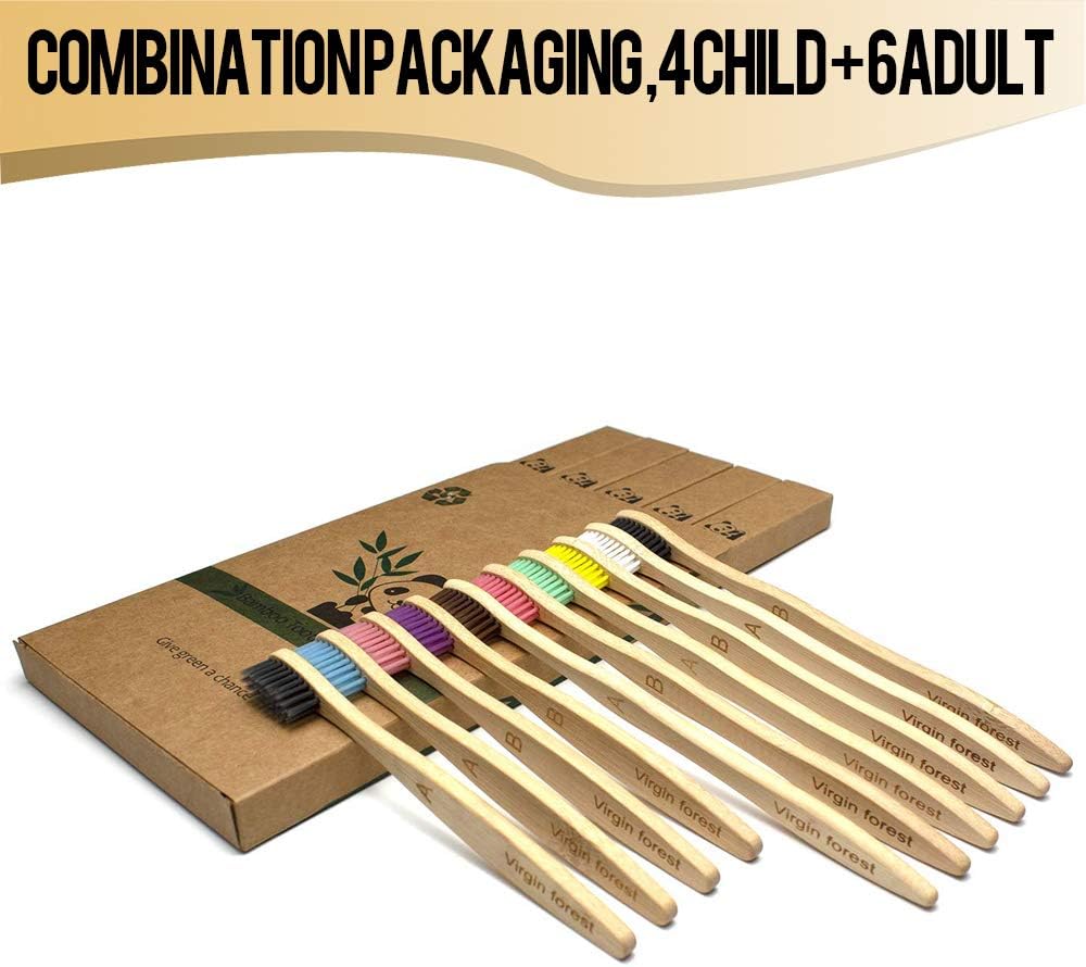 Virgin Forest Kids Bamboo Toothbrush, Eco Friendly Toothbrushes, BPA Free Soft Bristle for Assorted Colors Adults and Children (6+4 Pack)