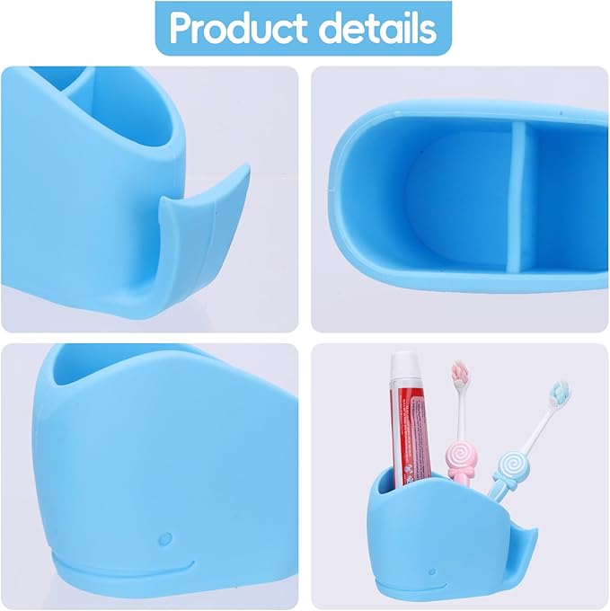 2Pcs Cute Kids Whale Toothbrush Holder, Toddler Fun Ocean Animal Toothbrush Organizer, Blue and White, Silicone Whale Bathroom Decor