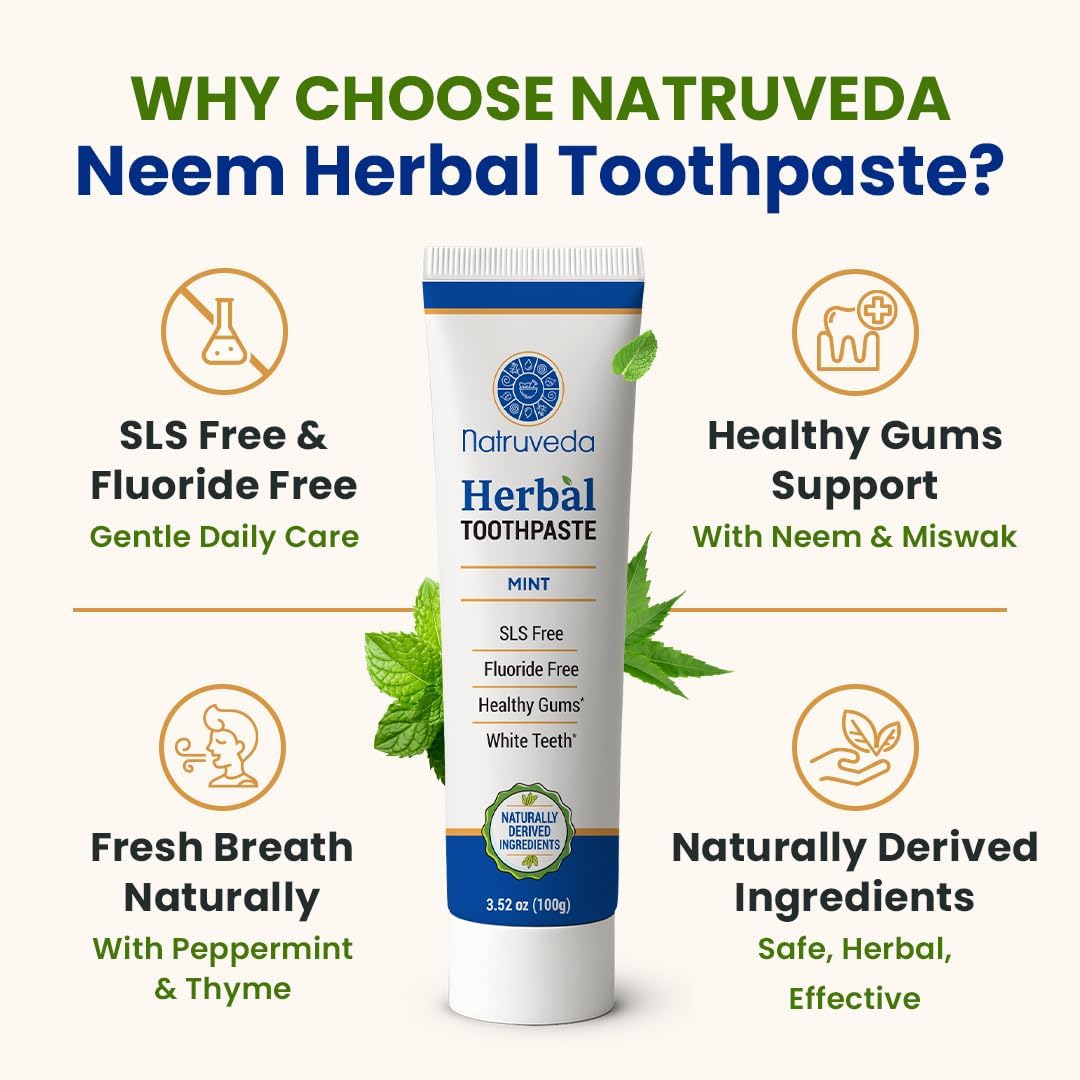 Neem Herbal Toothpaste with Complimentary Copper Tongue Scraper | Fluoride Free, SLS Free, Natural Toothpaste for Adults | Ayurvedic Oral Care with Mint & 8 Herbal Ingredients | 3.52 oz