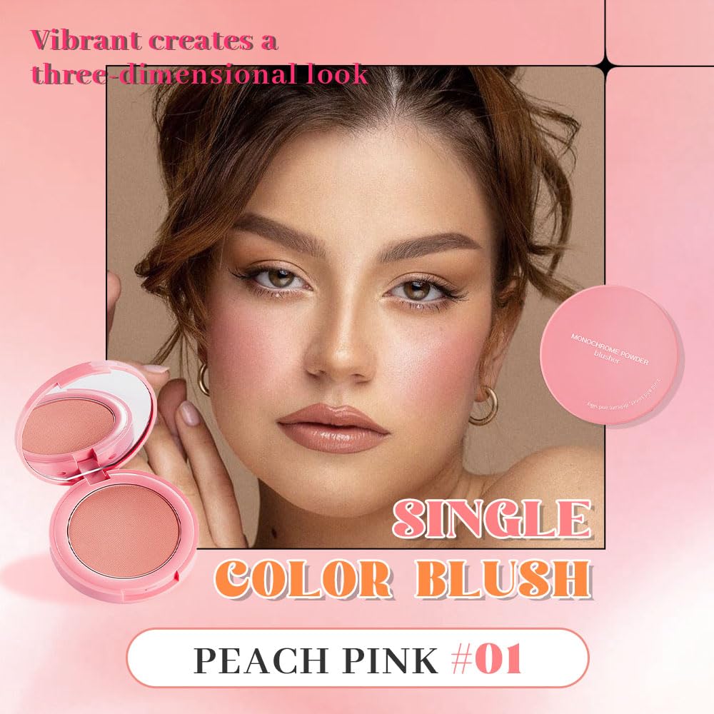 Peach Pink Powder Matte Blush with Mirror – Lightweight Smooth Blendable Baked Blush, Fade & Transfer-Resistant, Natural Matte Finish, Vegan & Cruelty Free, Perfect Makeup Gift for Women #01