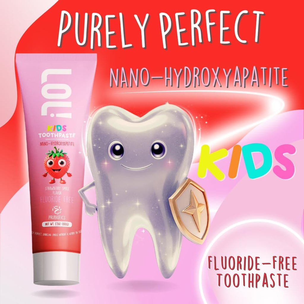 LOL Kids Toothpaste | Fluoride Free 2-Flavors Pack | Nano Hydroxyapatite Toothpaste, Probiotics, Vitamins A, C, E | Safe if Swallowed, No SLS | 1 Strawberry, 1 Cinnamon